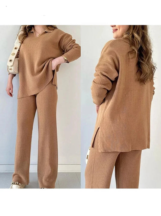 Knitwear Slim Straight Trousers  2 Piece Sets